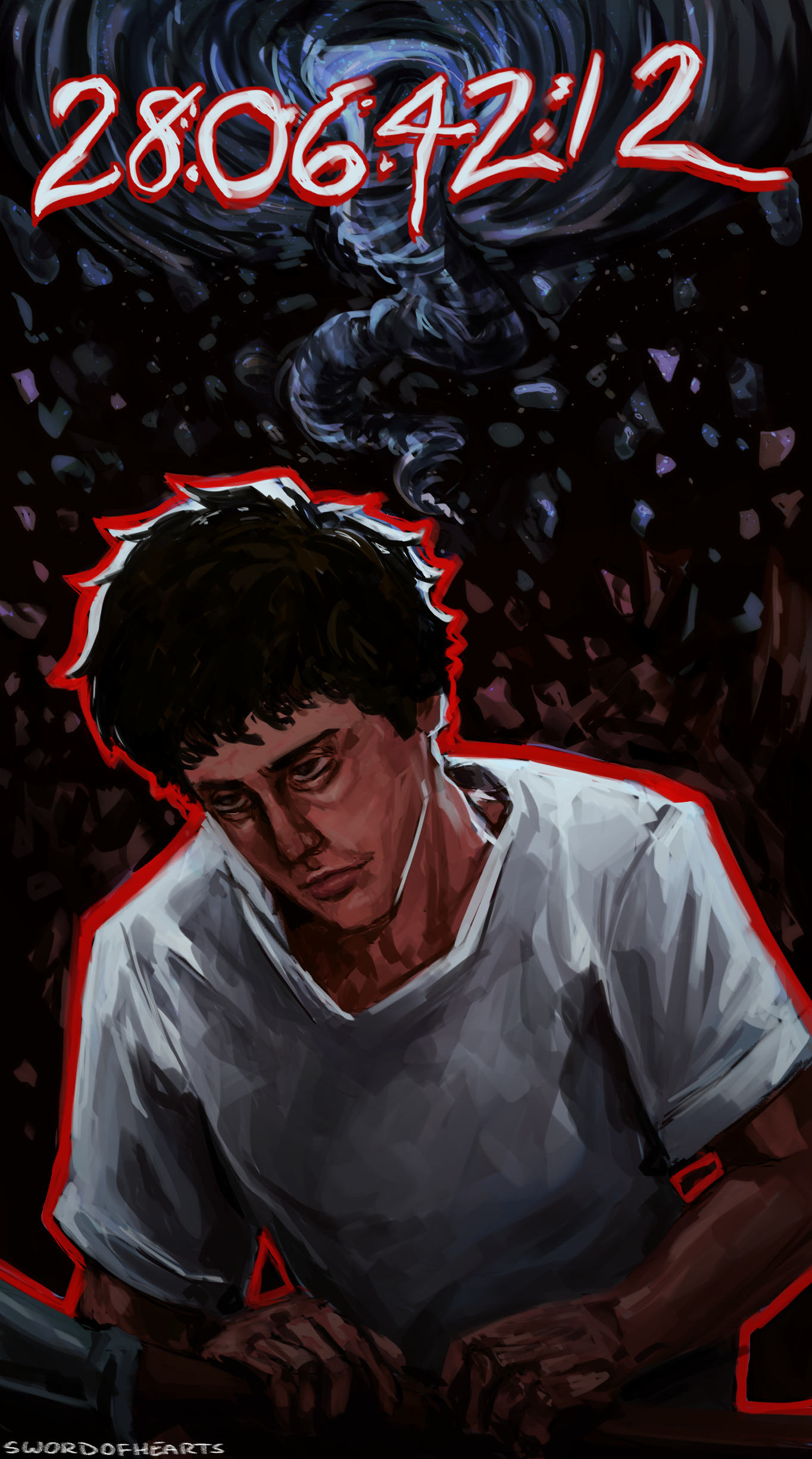 donnie darko holding an axe in front of the time 28:06:42:12